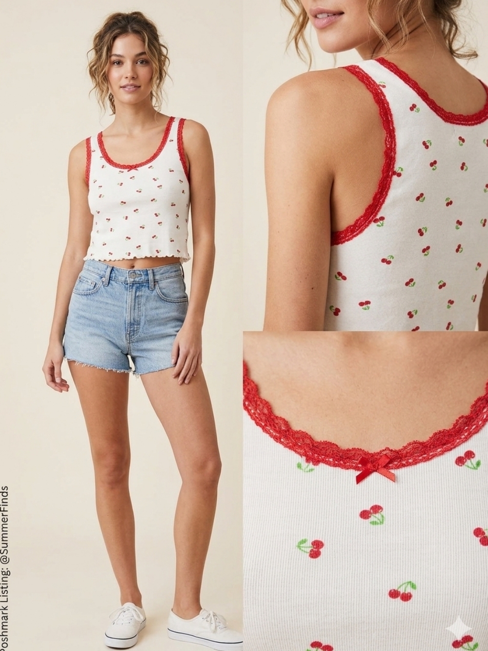 Love & Lazy Days Cherry Print Crop Tank Top Lace Trim XL